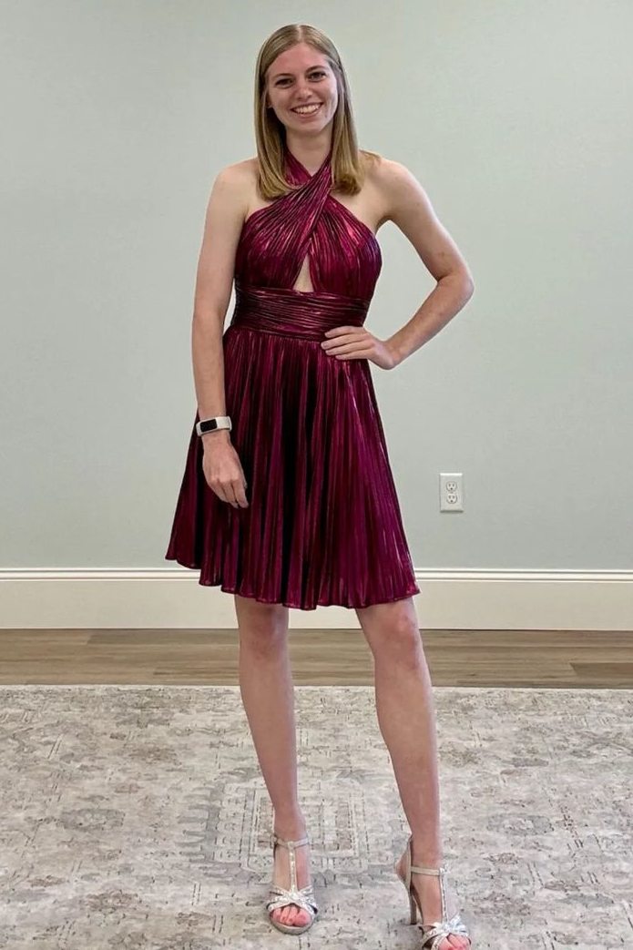 Fuchsia Metallic Halter A Line Short Homecoming Dress