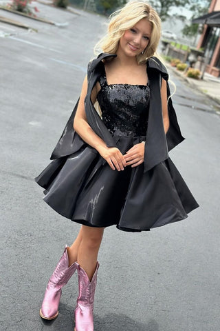 Black Bow Tie Straps A-Line Homecoming Dress with Sequins