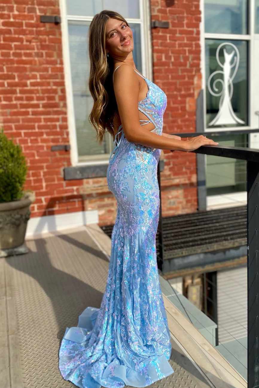 Spaghetti Straps V-Neck Light Blue Mermaid Sequin Prom Dress
