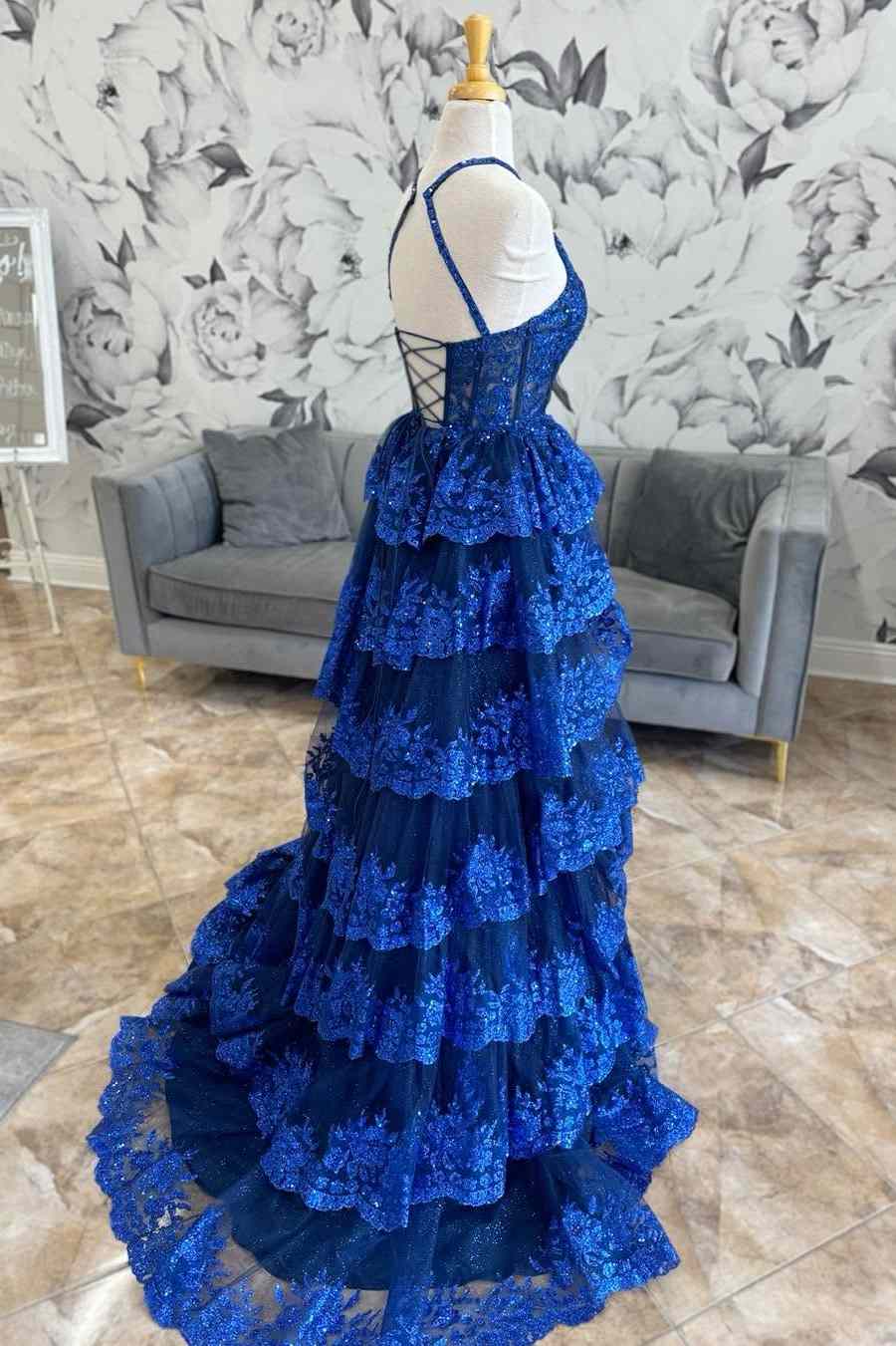 Sparkly Halter Sequin Sleeveless Prom Dress with A-Line Tiered Ruffles