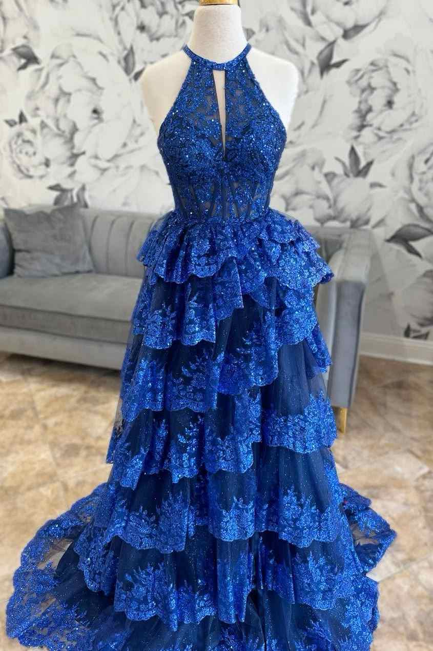 Sleeveless Sparkly Halter Sequin Prom Dress with A-Line Tiered Ruffles