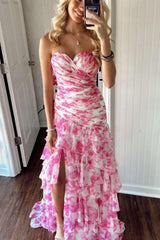 Chic Sweetheart Pink Print Sweetheart Tiered Ruffles Long Dress