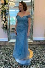 Tulle Off the Shoulder Sheath Blue Mother of the Bride Dress