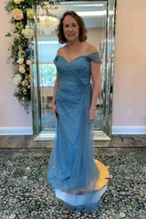 Blue Tulle Off the Shoulder Sheath Mother of the Bride Dress