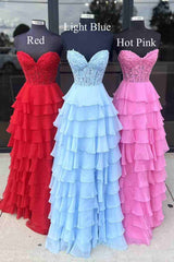 Hot Pink Strapless Tiered Ruffles Long Formal Gown with Slit