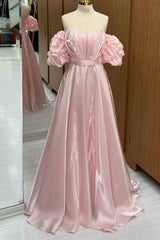 Princess Pink Sweetheart A-Line Long Prom Dress with Puff Sleeves Ball Gown