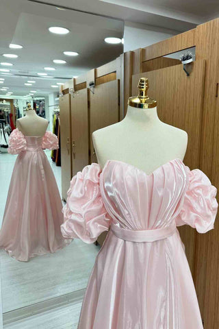 Pink Sweetheart  Puff Sleeves  A-Line Long Prom Dress