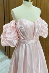 Princess Pink Sweetheart  Puff Sleeves  A-Line Long Prom Dress