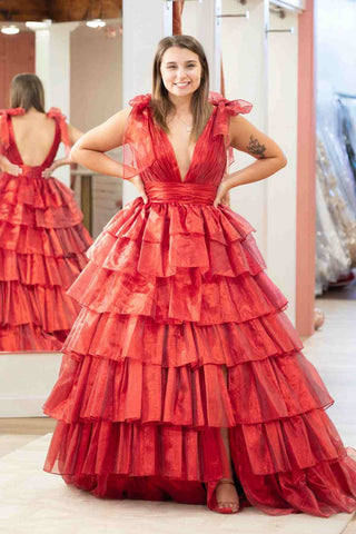 Red Plunge V Bow Strap Ruffle Multi-Layer Ball Gown