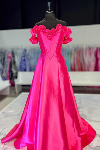 Fuchsia Off the Shoulder Corset Bodice A-Line Prom Dress