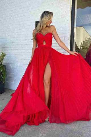 Red Keyhole Sweetheart Neck Prom Dresses with Slit Strapless