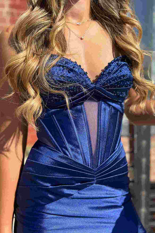 Royal Blue Mermaid Beaded Keyhole Long Prom Dress with Slit