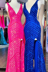 V-Neck V-Back Mermaid Prom Dress with Striped Sequins