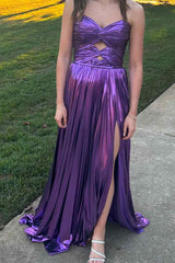 Purple Strapless Pleated Metallic Maxi Dress with Keyhole