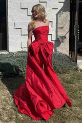 Red Side Bow Strapless A-Line Pleated Long Prom Dress