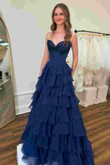 Navy Blue Strapless A-Line Ruffle Long Prom Dress with Slit