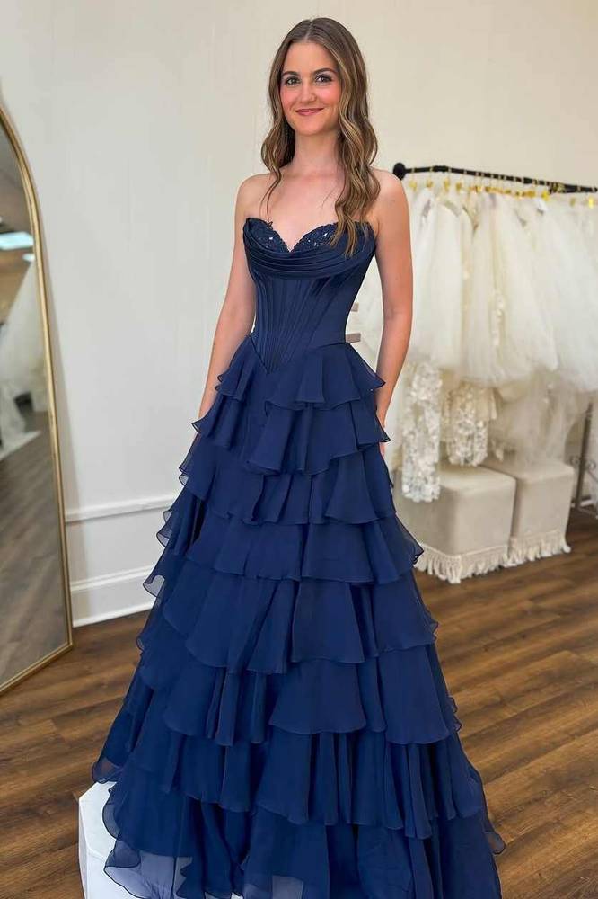 Yellow Strapless A-Line Ruffle Long Prom Dress with Slit