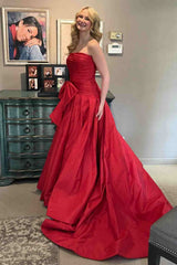 A-Line Red Side Bow Strapless  Pleated Long Prom Dress