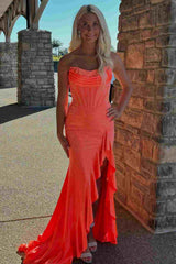 Orange Rhinestone Strapless Asymmetrical Long Prom Dress with Slit