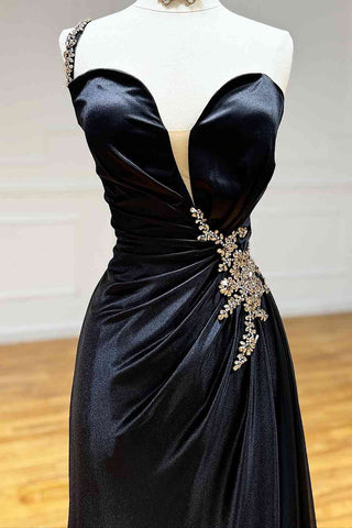 Black One Shoulder Rhinestone  Applique Prom Dress with Slit