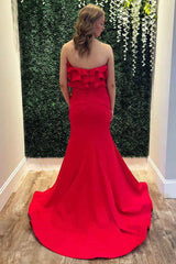 Red Tiered Ruffles Strapless Mermaid Slit Prom Dress