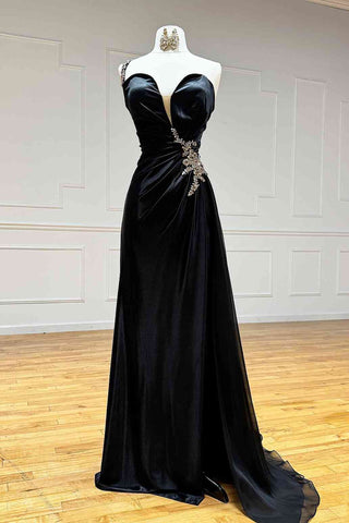 Black Rhinestone One Shoulder Applique Prom Dress with Slit