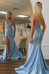 Ligth Blue Beaded Strapless Applique Formal Dress with Slit