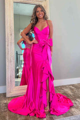 Fuchsia V-Neck Mermaid Long Dress with Slit 