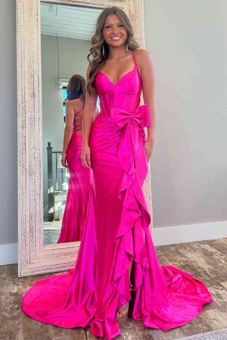 Fuchsia Spaghetti Strap Mermaid Ruffle Long Dress with Slit 