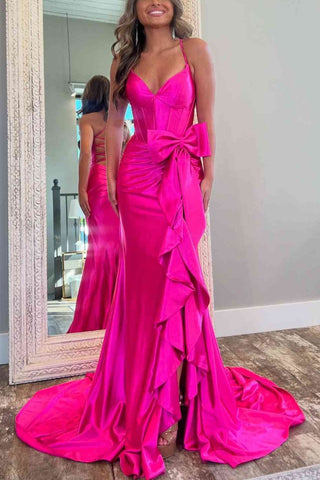 Fuchsia Spaghetti Strap Mermaid Long Dress with Slit 