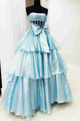 Light Blue Strapless A-Line Satin Prom Dress with Bow