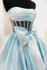 Light Blue Bow Strapless A-Line Satin Prom Dress