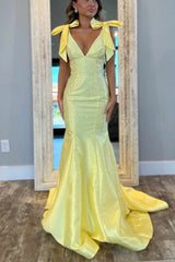 Rhinestone V-Neck Mermaid Yellow Long Prom Dress