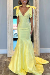 V-Neck Mermaid Yellow Rhinestone Long Prom Dress