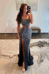 Spaghetti Straps Cutout Mermaid Rhinestone Long Dress with Slit