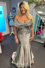 Long Classy Mermaid Off Shoulder Applique Mother of the Bride Dress