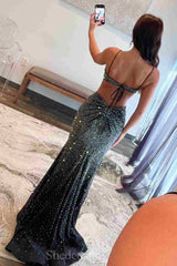 Cutout Spaghetti Straps Mermaid Rhinestone Slit Long Dress