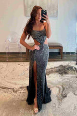 Cutout Spaghetti Straps Mermaid Rhinestone Long Dress with Slit