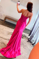 Appliquie Beaded Strapless fuchsia Formal Dress with Slit