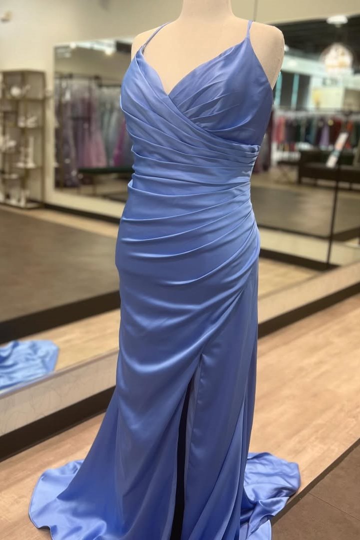 Spaghetti Straps Pleated Sheath Prom Dress with Slit