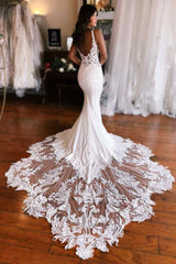  V-Neck Lace Appliques Mermaid Sweep Train Wedding Dress