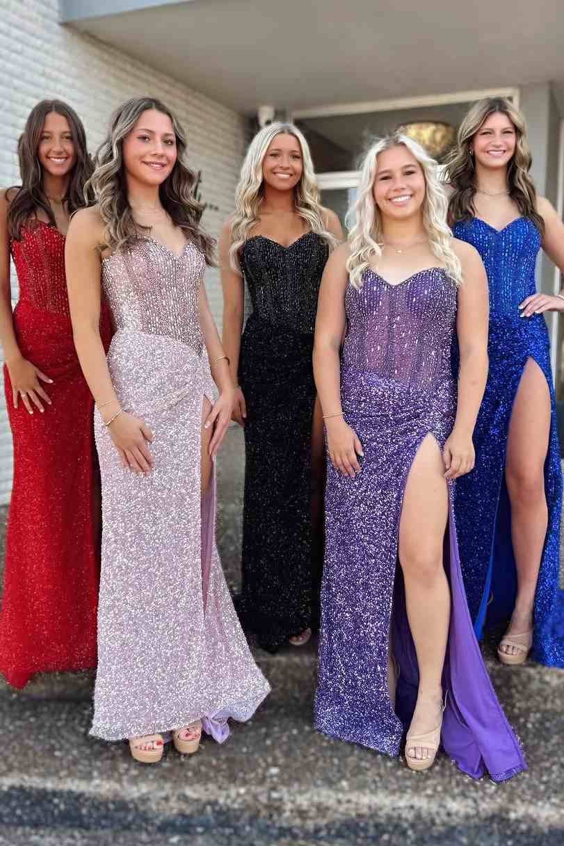 Funkelndes blaues Ballkleid im Meerjungfrauen-Stil mit herzförmigem Ausschnitt und Schlitz und Pailletten-Strass 