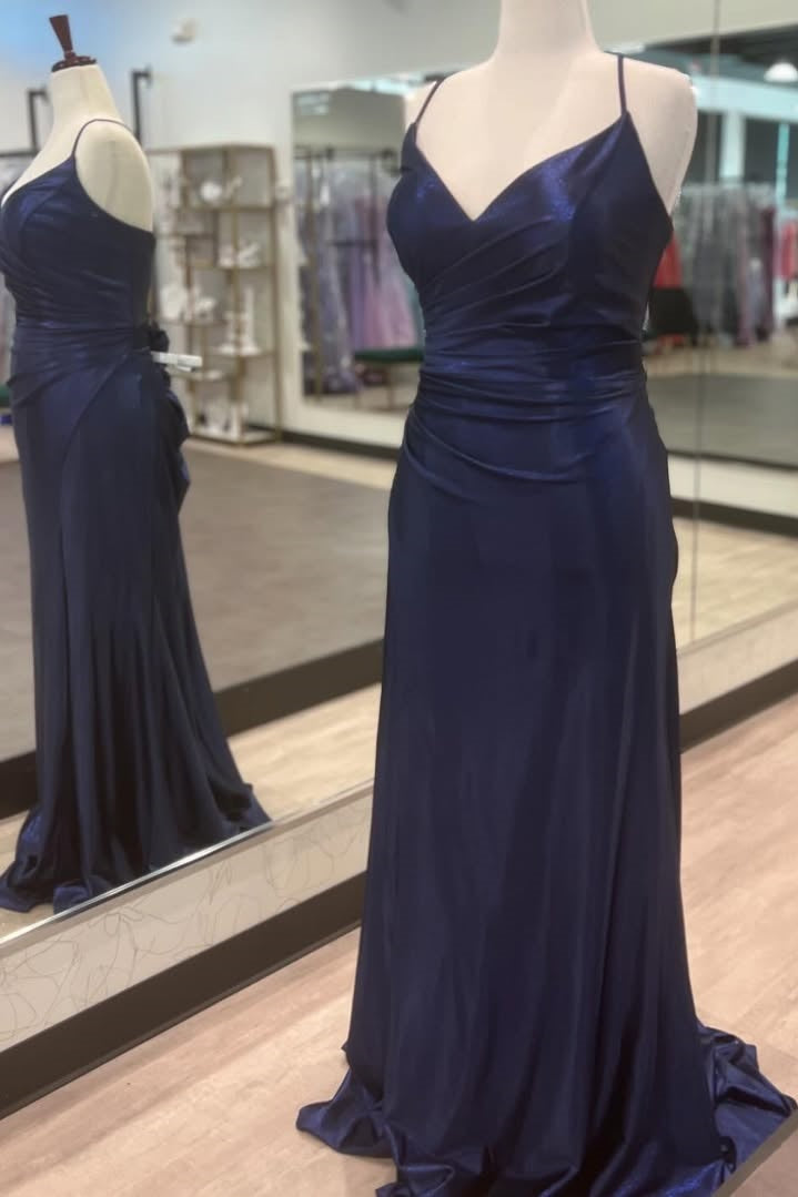 Spaghetti Straps Pleated Sheath Long Prom Dress with Slit