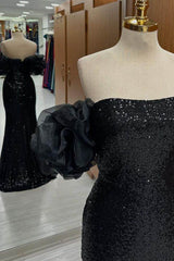 Trumpet Black Sequin Strapless Prom Dress with Balloon Sleeves 