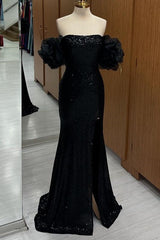  Black Sequin Trumpet Strapless Prom Dress with Balloon Sleeves 