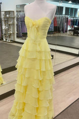 Chiffon Yellow Sweetheart Tiered Ruffles Prom Dress with Slit