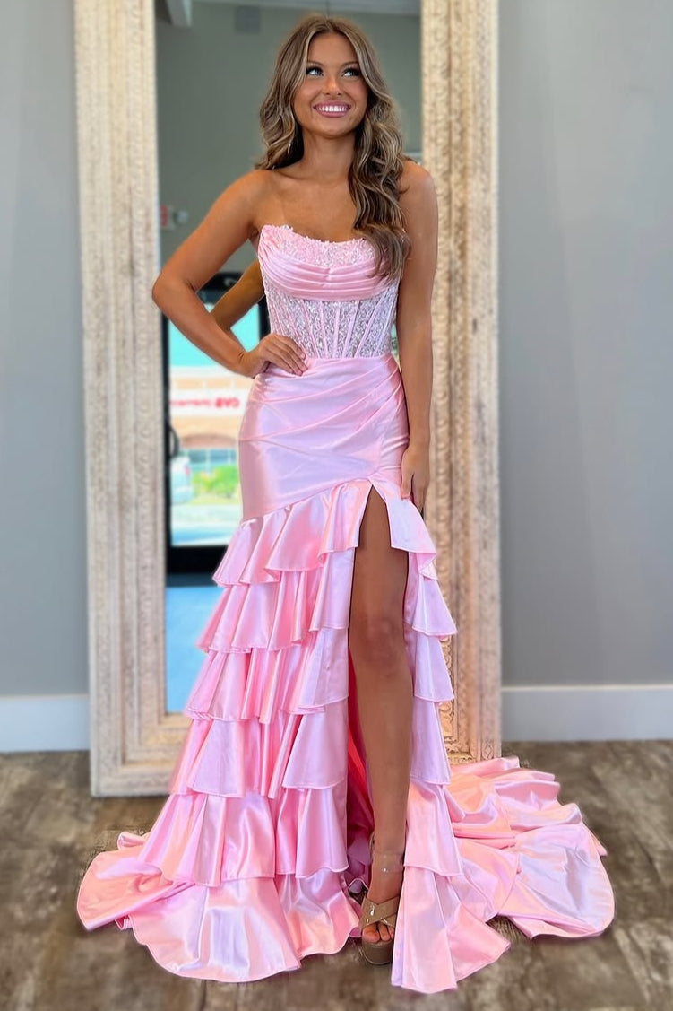 Corset Pink Strapless Mermaid Ruffles Slit Prom Dress