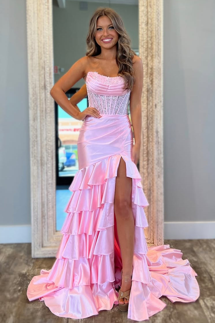 Corset Pink Strapless Mermaid Ruffles Slit Prom Dress