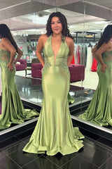 Halter Plunging V Neck Mermaid Sage Prom Gown with Shiny Applique