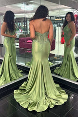 Plunging V Neck Mermaid Halter Sage Prom Gown with Shiny Applique